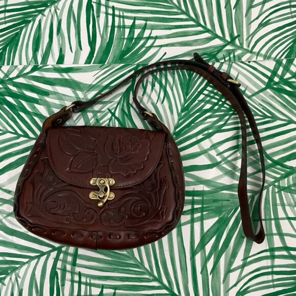 Patricia Nash Handbags - Patricia Nash Lucia Brown Tooled Leather Rose Design Crossbody Bag